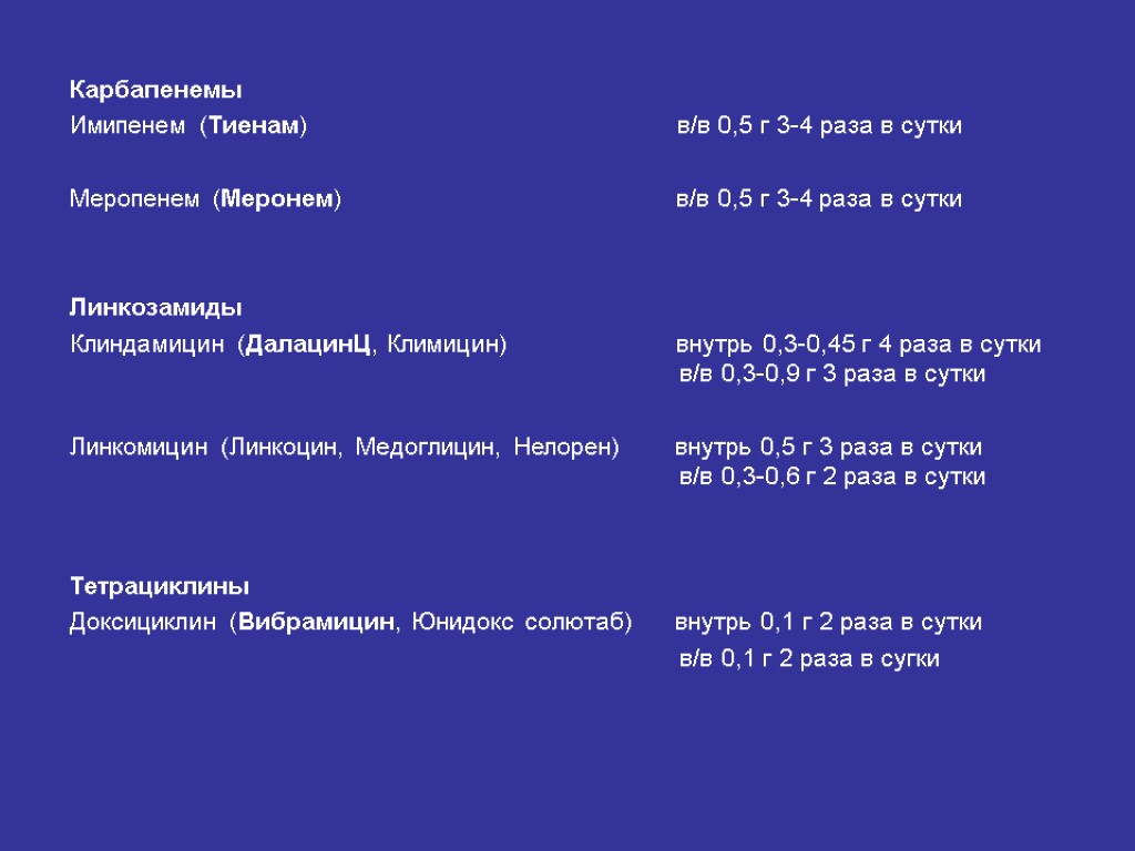 Карбапенемы Имипенем (Тиенам) в/в 0,5 г 3-4 раза в сутки Меропенем (Меронем) в/в 0,5